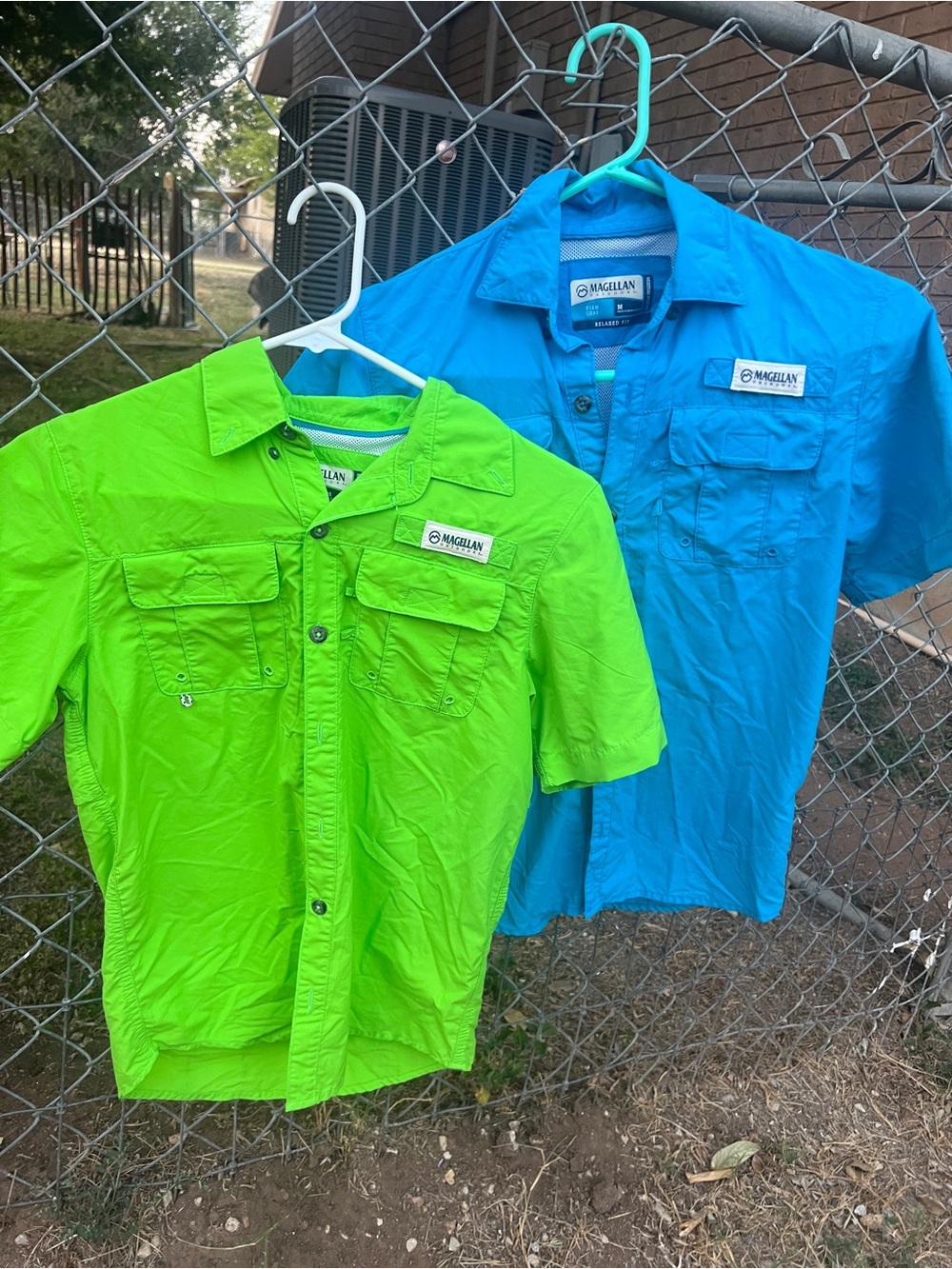 Magellan Outdoors Kids Short-Sleeve Button-Down Shirt in Lime Green and Blue